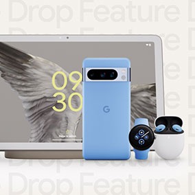 A lineup of Pixel products in front of a tan background that reads “Feature Drop” repeating.