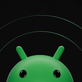 The green Android robot peeking into the frame on a black background.