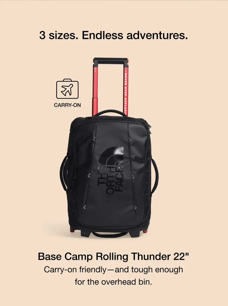 3 sizes. Endless adventures. Base Camp Rolling Thunder 22" Carry-on friendly- and tough enoughfor the overhead bin.