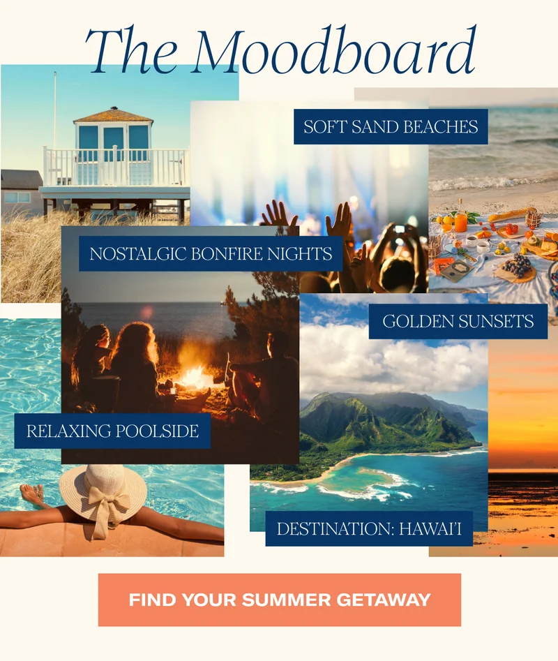 The Moodboard | Soft sand beaches, nostalgic bonfire nights, golden sunsets, relaxing poolside, destination: Hawai'i | Find your summer getaway