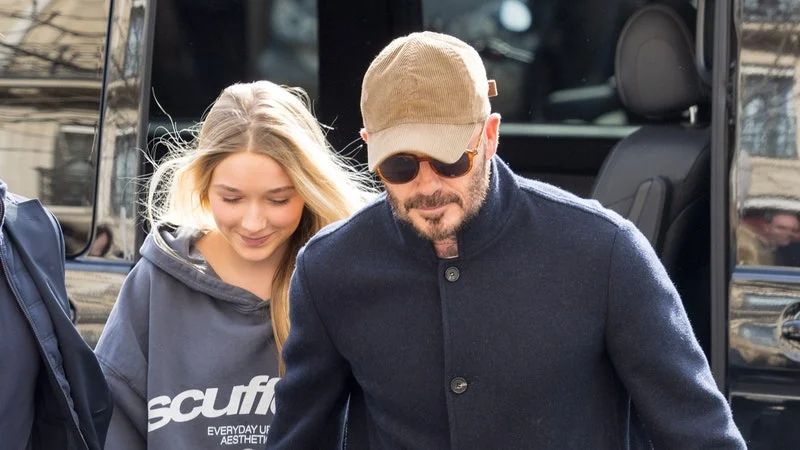 Image may contain: David Beckham, Brooklynn Proulx, Clothing, Footwear, Shoe, Hat, Accessories, Belt, Person, Adult, and Bag