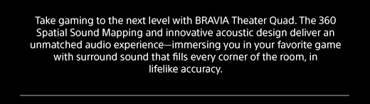 Take gaming to the next level with BRAVIA Theater Quad. The 360 Spatial Sound Mapping and innovative acoustic design deliver an unmatched audio experience—immersing you in your favorite game with surround sound that fills every corner of the room, in lifelike accuracy.