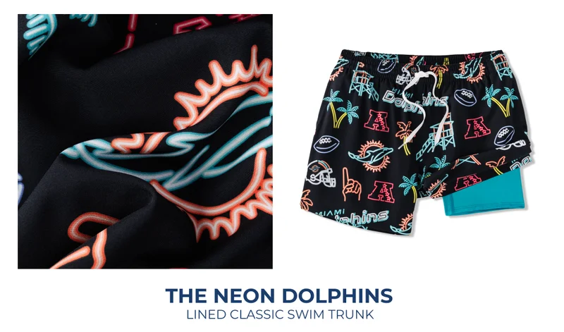 Lined Classic Swim Trunk: The Neon Dolphins