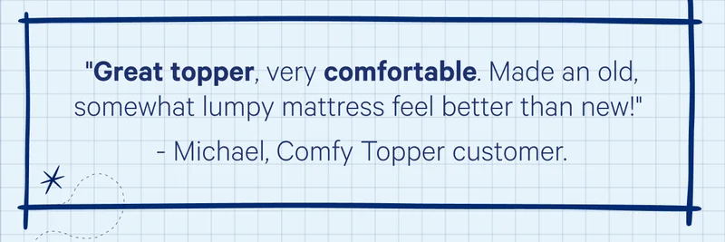 Great topper, very comfortable. Made an old, somewhat lumpy mattress feel better than new! -Michael, Comfy Topper customer.