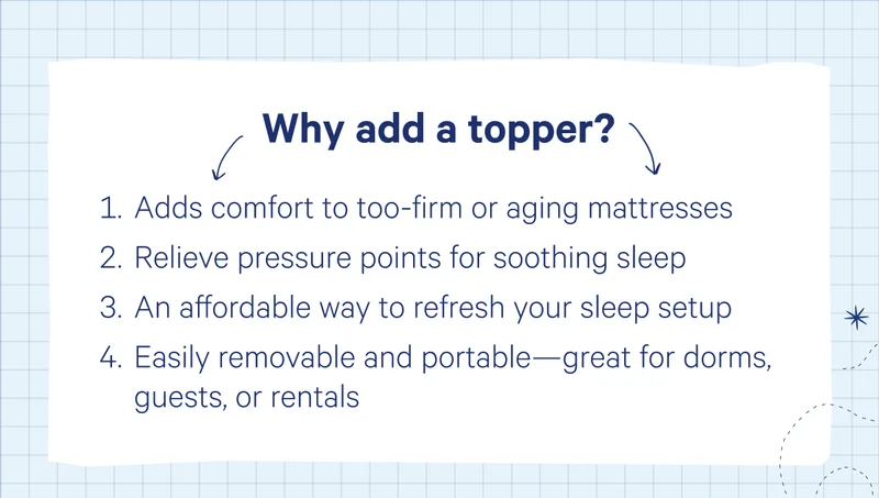Why add a topper? Adds comfort to too-firm or aging mattresses, Relieve pressure points for soothing sleep, An affordable way to refresh your sleep setup, Easily removable and portable—great for dorms, guests, or rentals