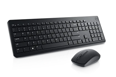 Dell keyboard and mouse on a dark gray                                                 background.