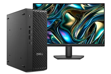 A Dell Pro Max Micro Desktop computer next to a                                     Dell 24 Monitor on a dark gray background.
