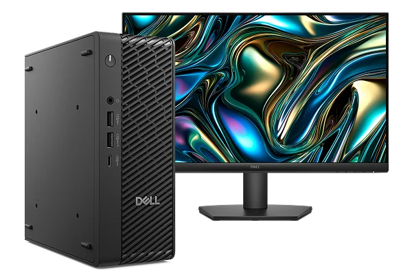 A Dell Pro Max Micro Desktop computer next to a Dell 24                                     Monitor on a dark gray background.