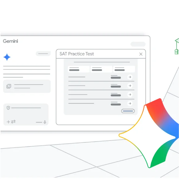 Gemini interface showing an “SAT Practice Test” outline, overlaid on a white grid background with a colorful, four-pointed star graphic.