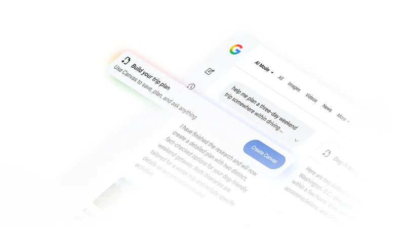 AI Google search result for dog-friendly trip with 'Create Canvas' button.