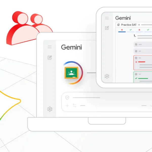 Laptop with “Gemini” on screen, green education icon, test results, and two red user icons.