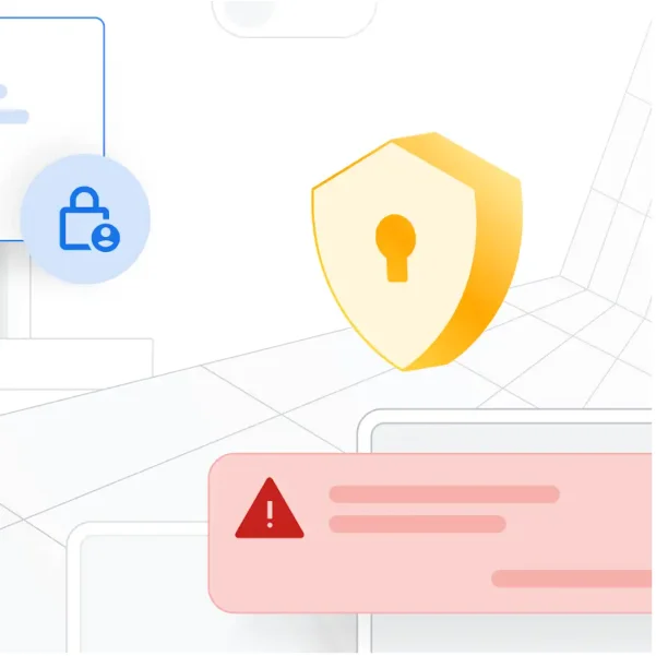 Golden shield, keyhole, padlock icon, red error warning.