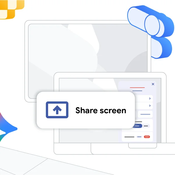 Nested computer screens with 'Share screen' dialog and upload icon.