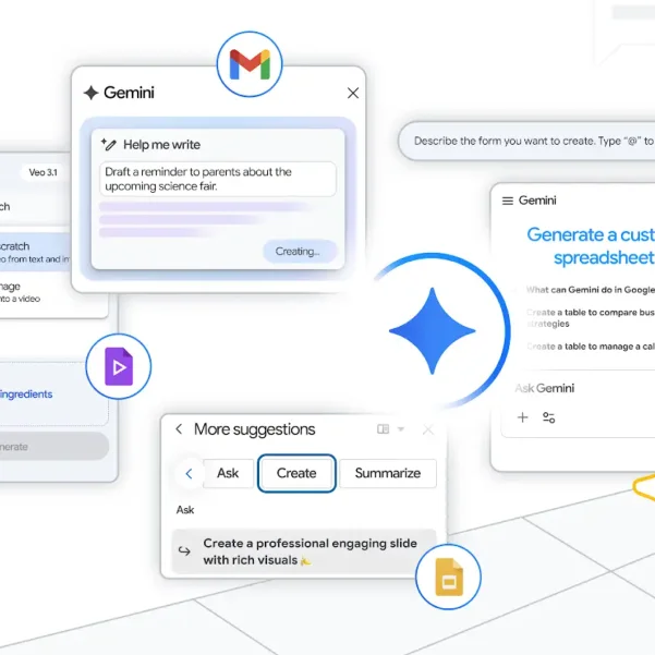 Gemini AI integration: Gmail, Sheets, Slides. Centered blue four-pointed star graphic.