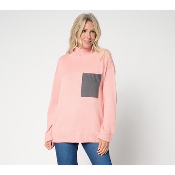 Peace Love World Cotton Turtleneck Color Block Pocket Sweater