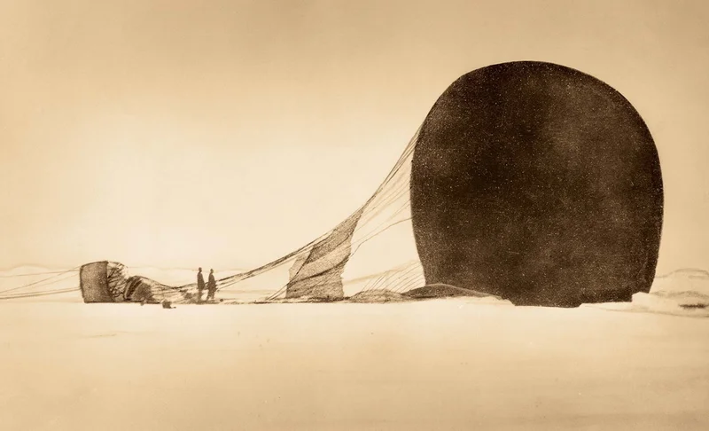Andrée and his crew were forced to crash-land the balloon on July 14, 1897, after less than three days in flight. Nils Strindberg’s haunting photograph of the wreckage reveals how large a threat the men were up against in the Arctic.