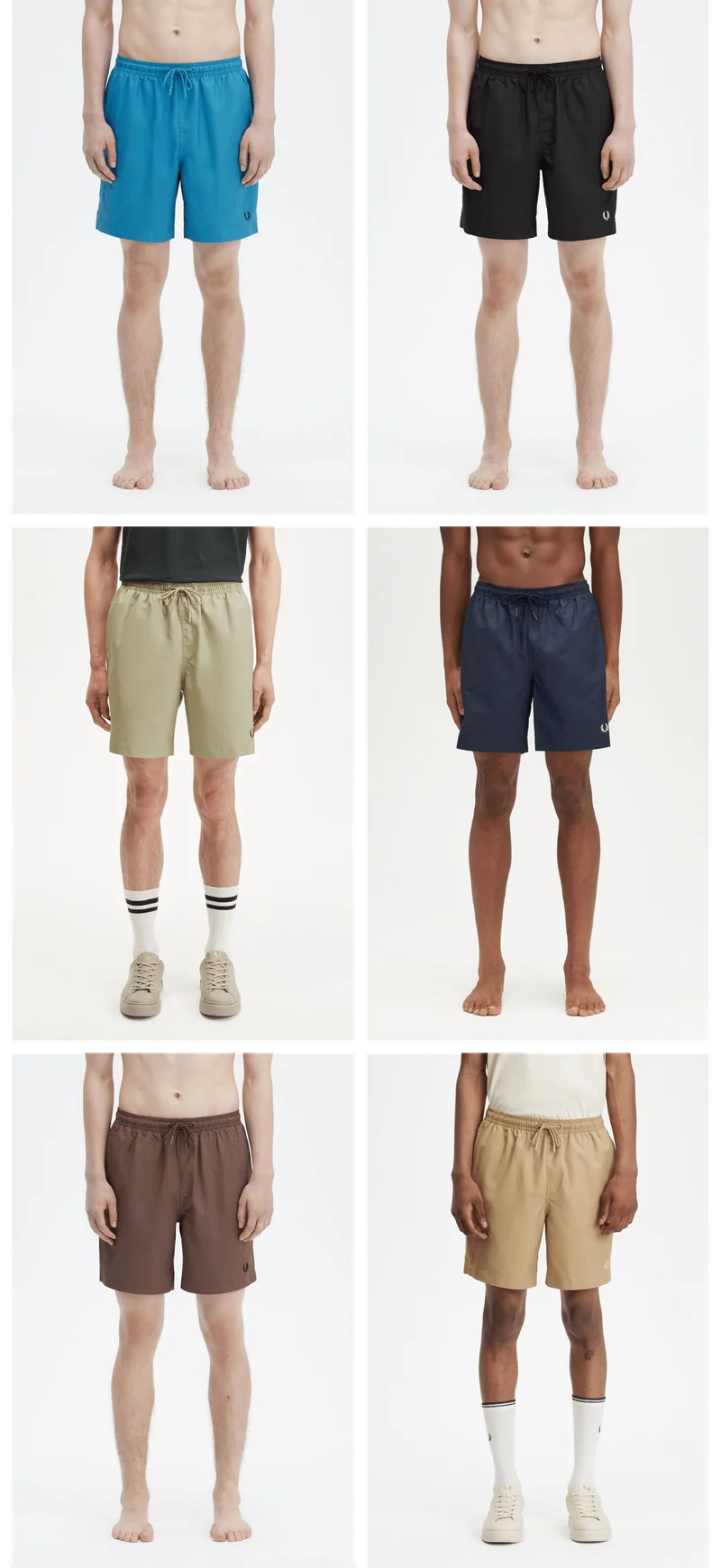Picture collage of various male models wearing Fred Perry shorts