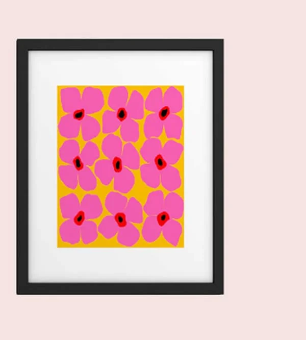 Abstract Pink Flowers With Yellow Background Framed Art Print