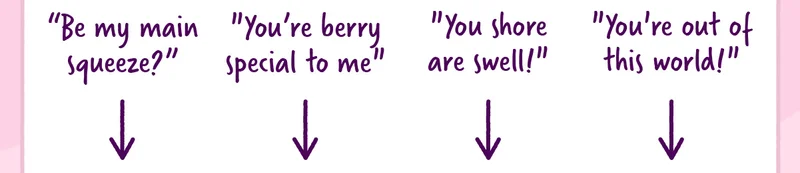 "Be my main squeeze?", "You're berry special to me", "You shore are swell!", "You're out of this world!"