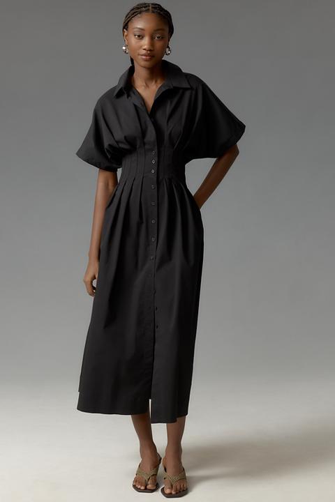 The Tobie Button-Front Pleated Shirt Dress by Exquise