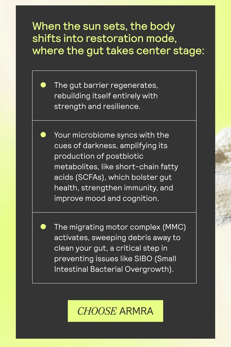 Educational graphic explaining how the gut restores itself at night, highlighting gut barrier regeneration, microbiome activity, and the migrating motor complex, with a “Choose ARMRA” button.