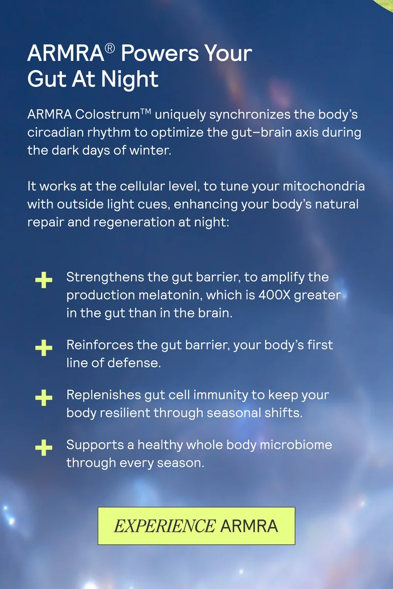 ARMRA Powers Your Gut at Night graphic explaining how ARMRA Colostrum supports circadian rhythm, gut barrier strength, immunity, and microbiome health, with an “Experience ARMRA” button.
