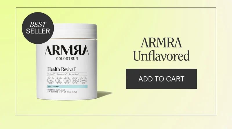 ARMRA Unflavored Colostrum container labeled “Health Revival,” shown as a best seller with an “Add to Cart” button.