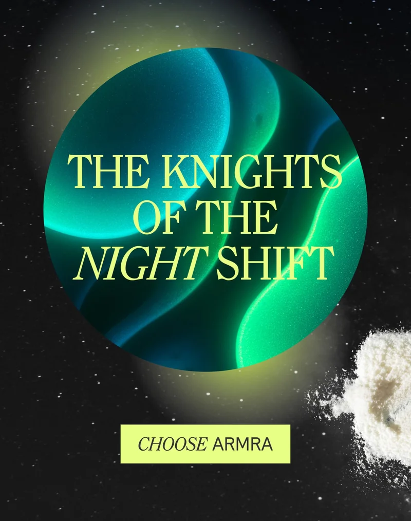 ARMRA campaign hero graphic featuring a glowing abstract sphere on a night-sky background with the headline “The Knights of the Night Shift” and a “Choose ARMRA” call-to-action.