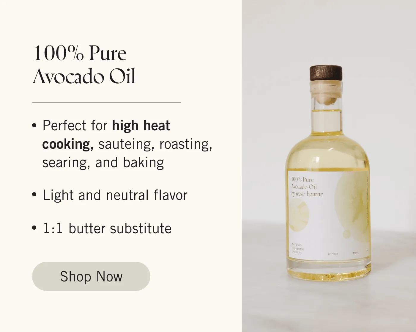 100% Pure Avocado Oil  Perfect for high heat cooking, sauteing, roasting, searing, and baking Light and neutral flavor 1:1 butter substitute. Shop Now.