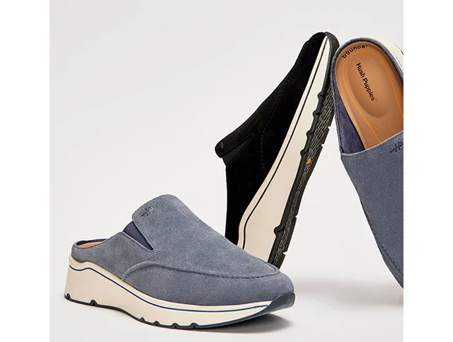 The sporty suede Trixie Slip-On in greyish Navy Blue and Black. Shop Shoes.
