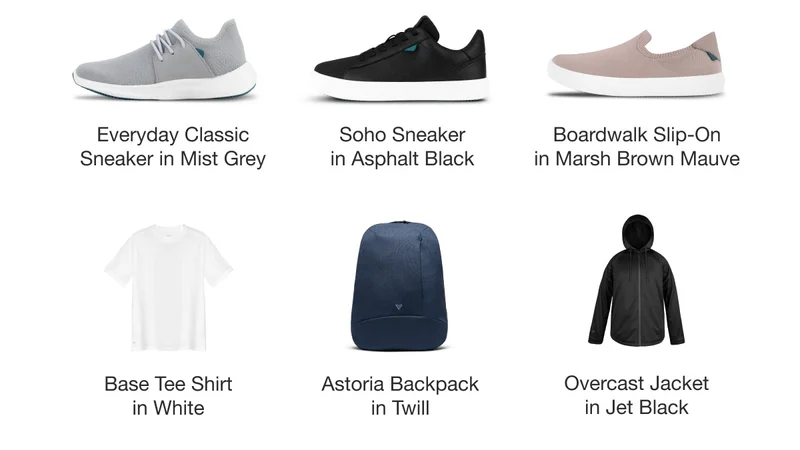 Everyday Classic Sneaker in Mist Grey. Soho Sneaker in Asphalt Black. Boardwalk Slip-On in Marsh Brown Mauve. Base Tee Shirt in White. Astoria Backpack in Twill. Overcast Jacket in Jet Black.