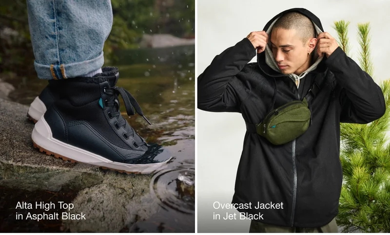 Alta High Top  in Asphalt Black. Overcast Jacket in Jet Black.