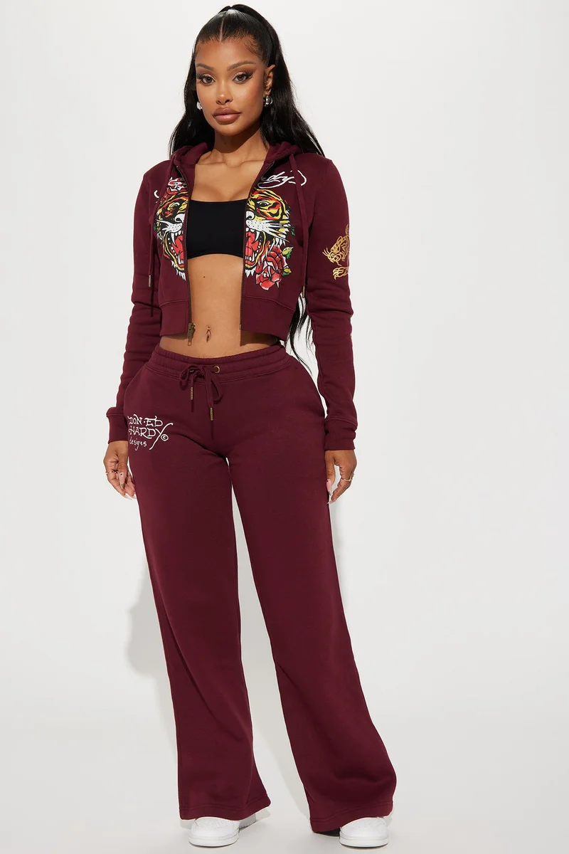 Image of Retro Tiger Ed Hardy Wide Leg Pant - Burgundy