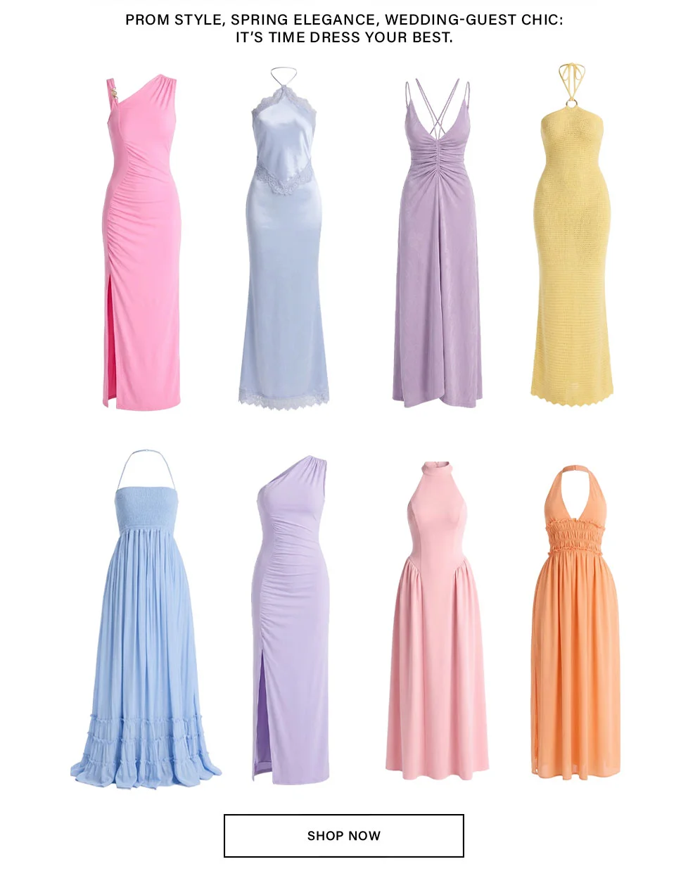 Eight elegant prom, spring, and wedding-guest dresses. Pastel pink, blue, lavender, yellow, and peach gowns for your special occasion style.