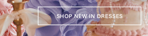 SHOP NEW IN DRESSES banner over blurred elegant pastel fabrics: gold candlestick, lavender ruffles, and intricate peach texture. Discover our beautiful new dress collection.