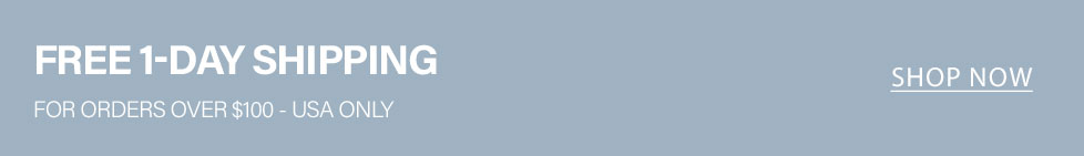Light blue banner promoting free 1-day shipping for USA orders over $100. Click 'Shop Now' for quick delivery.
