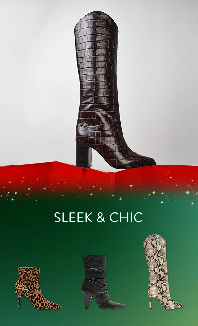 A knee-high black boot. A leopard-print bootie, mid-calf black boot and over-the-knee snake-print boot.