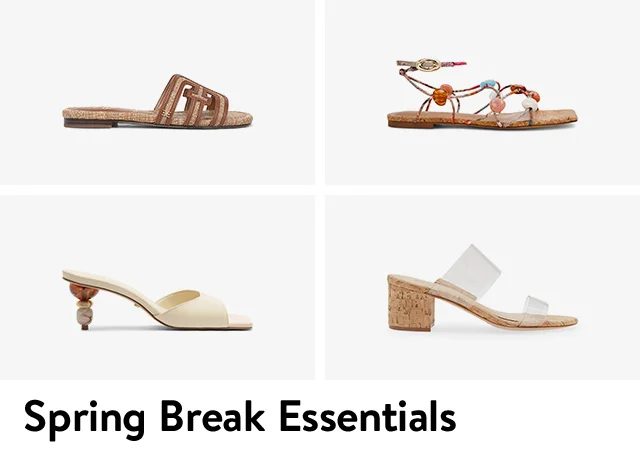 A brown woven flat sandal, beaded flat sandal, white sandal with beaded heel and sandal with clear straps and cork heel.