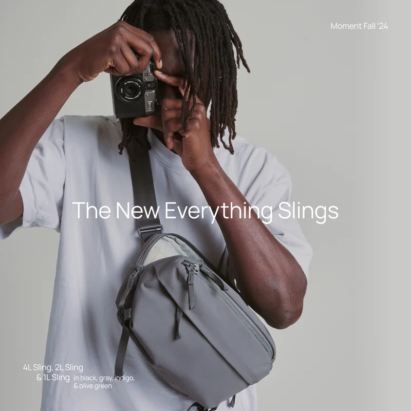 The New Everything Slings - Moment Fall '24 - 4l sling, 2l sling, & 1l sling in black, gray, indigo & olive green.