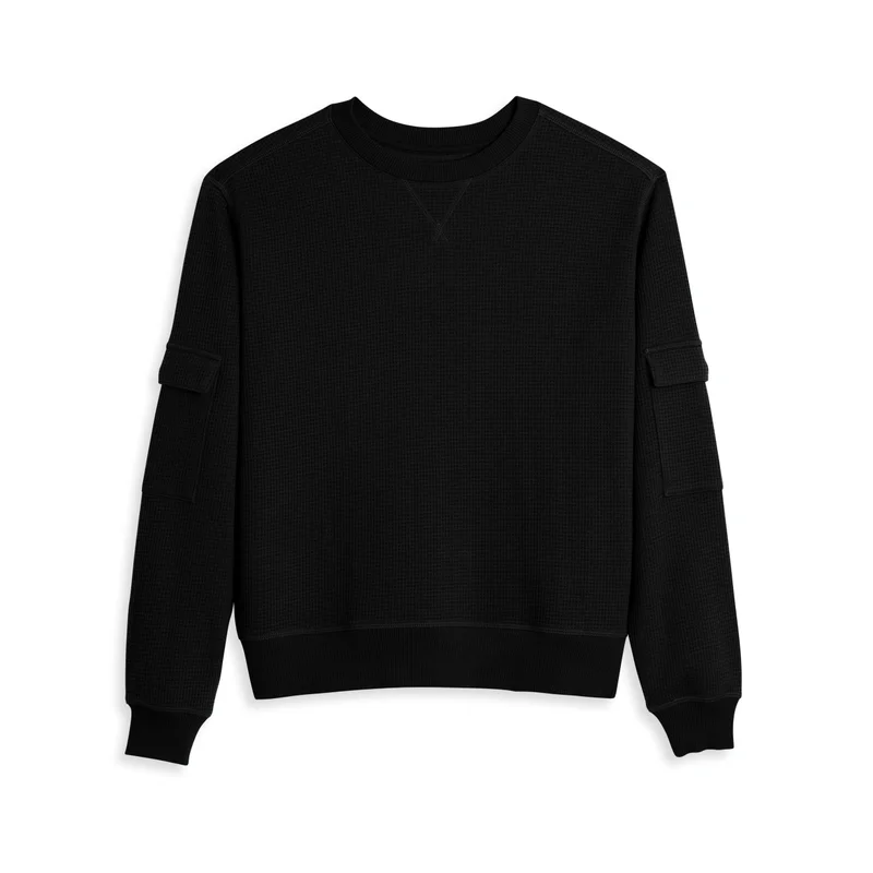 Image of Modal Cloud Waffle Long Sleeve Cargo Crew - Black Beauty