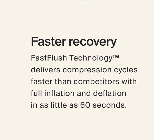 Faster recovery. FastFlush Technology delivers compression cycles faster than competitors with full inflation and deflation in as little as 60 seconds.