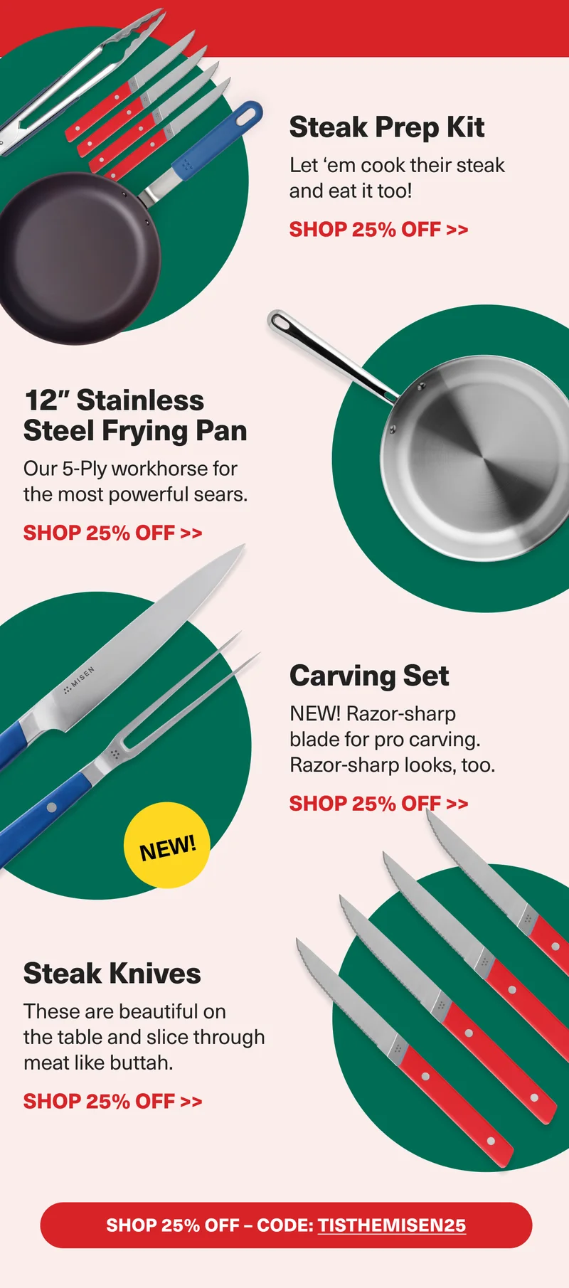 Steak Prep Kit - 12" Stainless Steel Frying Pan - Carving Set - Steak Knives... Shop Now at 25% Off with Code: discount code