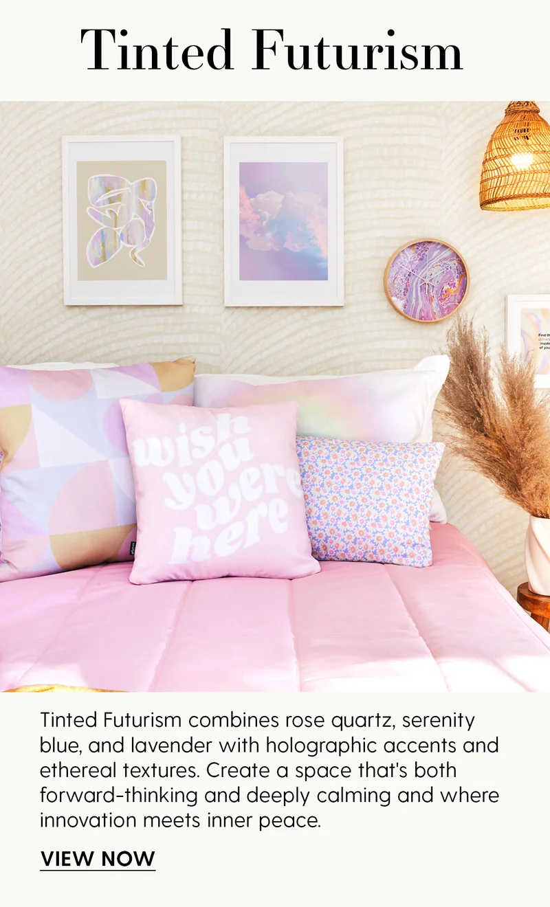 Tinted Futurism | Tinted Futurism combines rose quartz, serenity blue, and lavender with holographic accents and ethereal textures. Create a space that's both forward-thinking and deeply calming and where innovation meets inner peace. | View Now