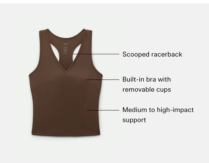 Scooped racerback | Built-in bra with removable cups | Medium to high-impact support