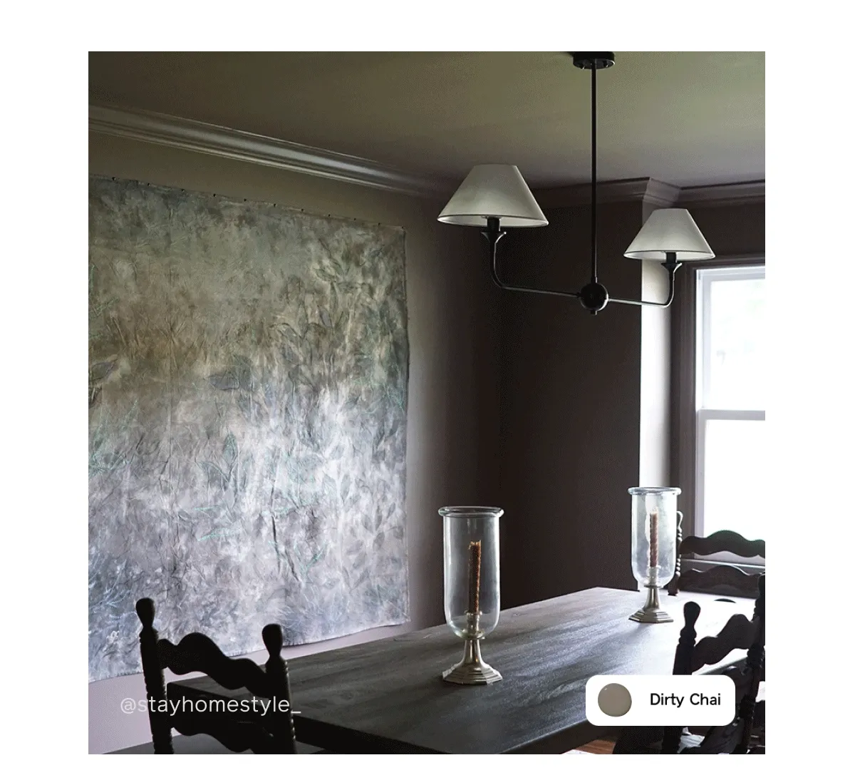 Before and after of dining room painted Dirty Chai