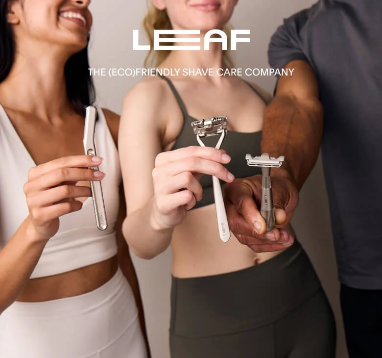 LEAF logo, the eco friendly shave company, three people in athletic wear holding leaf shave razors