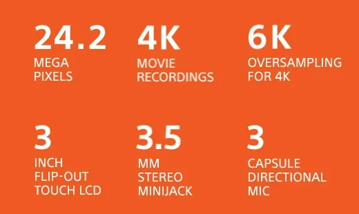 24.2 MEGA PIXELS | 4K MOVIE RECORDINGS | 6K OVERSAMPLING FOR 4K | 3 INCH FLIP-OUT TOUCH LCD | 3.5 MM STEREO MINIJACK | 3 CAPSULE DIRECTIONAL MIC