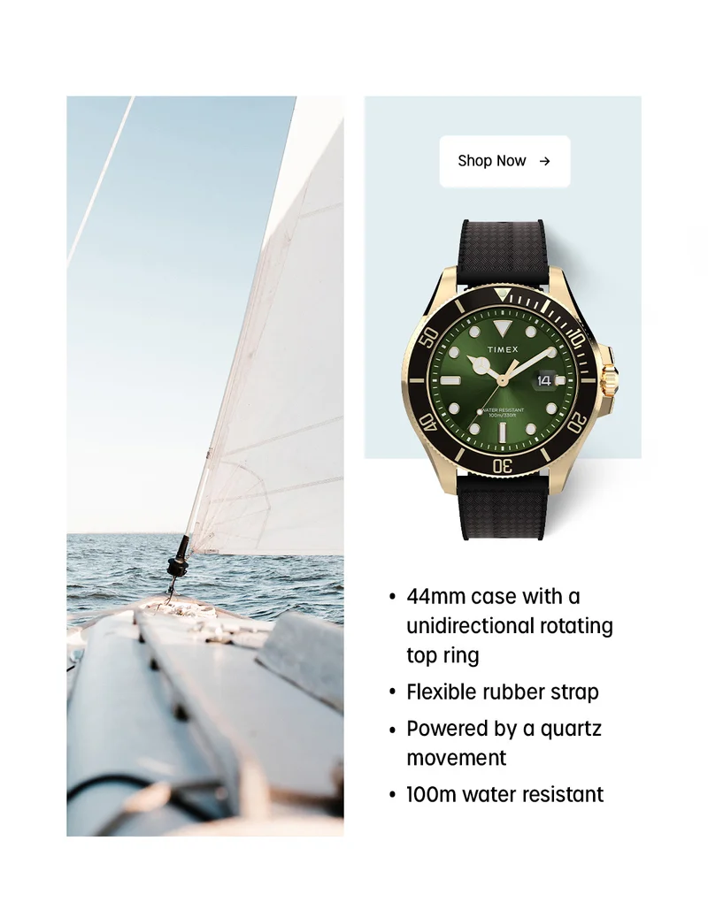 44mm case with a unidirectional rotating top ring | Flexible rubber strap | Powered by a quartz movement | 100m water resistant | Shop Now