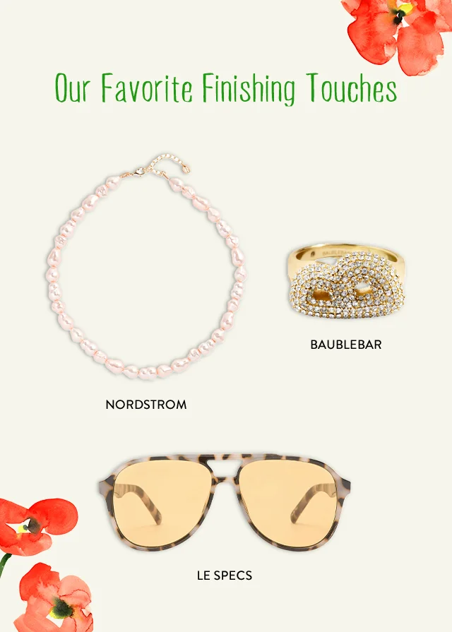 Nordstrom pearl necklace, BaubleBar ring, Le Specs sunglasses.