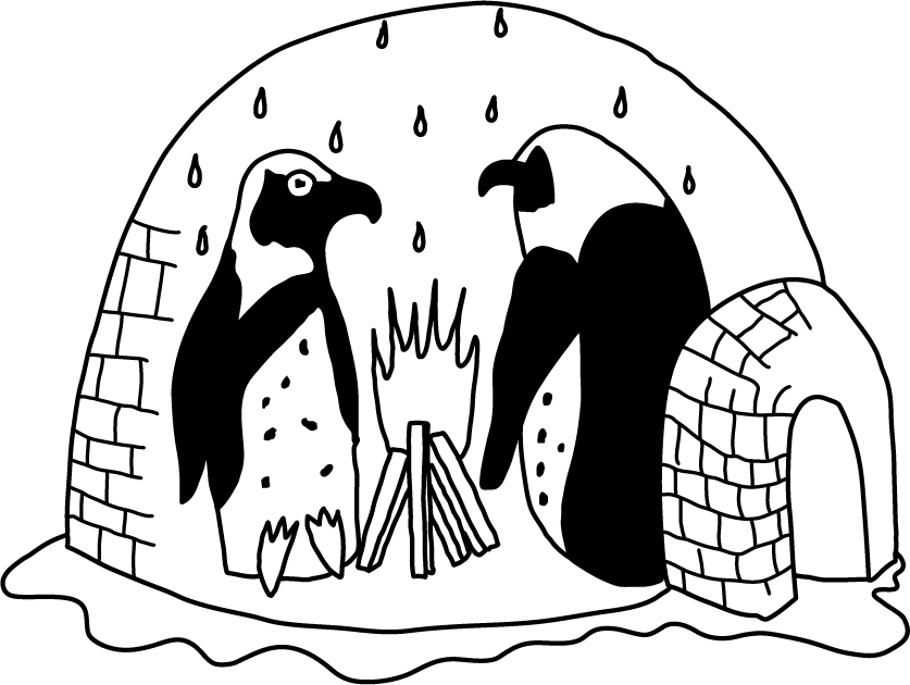 A black line drawing of two penguins sat around a fire inside of an igloo.